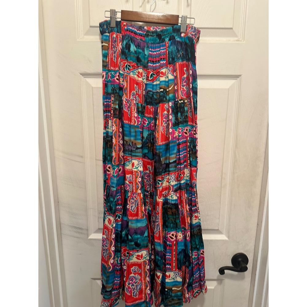 Vintage Desert West Sherry Holt Southwestern Tiered Maxi Skirt Boho Rayon OS 90s